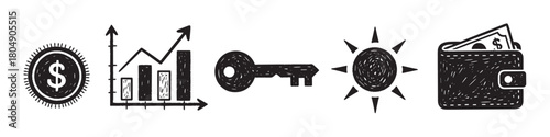 Collection of sketchy business and finance icons in a simple doodle style showing a coin, upward graph, key, sun, and wallet for concepts of success and wealth