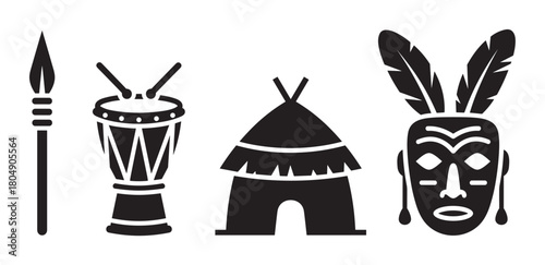 A set of four black silhouette icons representing indigenous culture, including a spear, a traditional drum, a rustic hut, and an ornate feathered mask in a simple graphic style