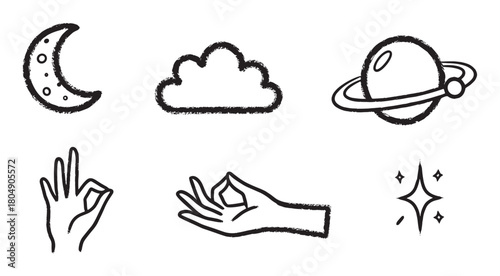 A collection of hand-drawn mystical and cosmic icons with a rough texture, including a crescent moon, planet, cloud, sparkle, and hands in meditation and okay gestures