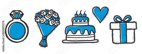 A charming set of hand-drawn celebration icons in a blue and black doodle style, featuring a diamond ring, flower bouquet, tiered cake, heart, and a wrapped gift box
