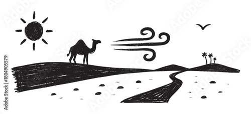 A hand-drawn black and white illustration of a camel standing on a sand dune in a windy desert under a hot sun, with a winding path and palm trees in the distance