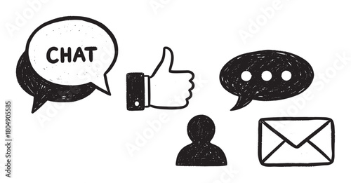 A collection of hand-drawn social media icons, including a chat bubble, thumbs up, message symbol, user profile, and envelope, rendered in a black doodle sketch style