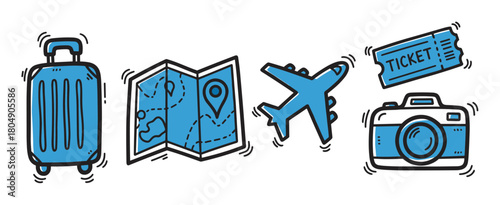 A collection of hand-drawn travel icons including a suitcase, map, airplane, ticket, and camera, illustrated in a blue and black doodle style for vacation and tourism concepts