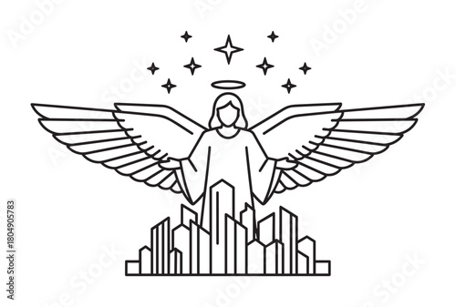 A minimalist line art illustration of a guardian angel with large wings and a halo hovering protectively over a modern city skyline under a starry sky