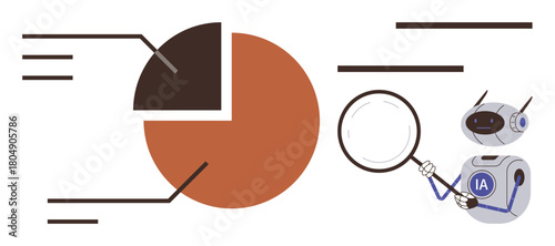 Pie chart with segmented data, robot holding magnifying glass analyzing information. Ideal for data analysis, artificial intelligence, technology, research, business insights, innovation