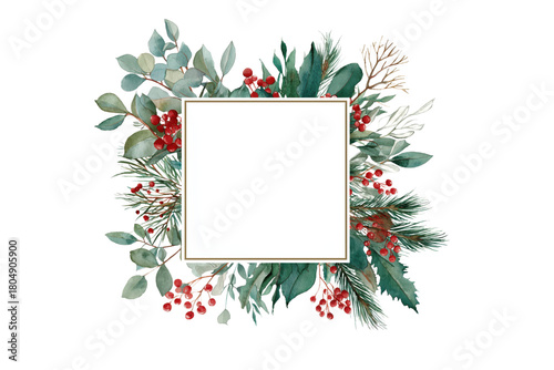 Elegant Watercolor Christmas Frame with Berries and Greenery