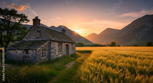 Golden Hour Sunset Over a Rustic Stone Cottage and Wheat Field.