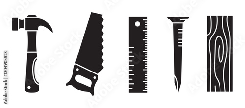 Minimalist graphic illustration set of woodworking equipment featuring a claw hammer, hand saw, measuring ruler, metal nail, and a wooden plank presented in a simple glyph style
