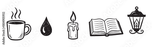 A set of hand-drawn black and white icons including a steaming mug, a droplet, a lit candle, an open book, and a vintage lantern, all in a simple doodle sketch style