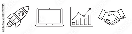 A collection of business concept icons in a minimal line art style, featuring a rocket for startups, a laptop, a growth graph, and a handshake for partnership and collaboration