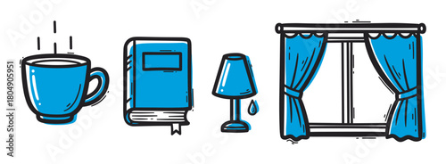 Hand-drawn illustration set of cozy home elements including a steaming mug, a book, a table lamp, and a window with curtains, creating a relaxing evening mood