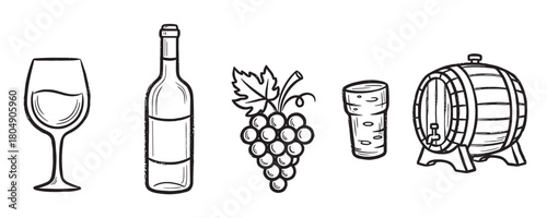 A collection of hand-drawn wine-related icons including a glass, bottle, grapes, cork, and barrel, presented in a simple black and white sketch style for winemaking concepts