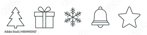 Minimal black outline icon set for winter celebrations, showing a stylized fir tree, a wrapped present with a bow, a delicate snowflake, a classic bell, and a simple star shape