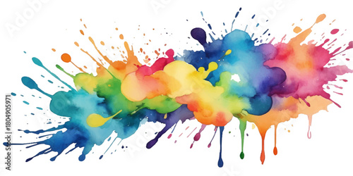 Colorful ink and paint splatter pattern with artistic watercolor stains and brush drops on white