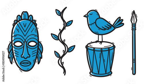 Stylized doodle illustrations of indigenous cultural artifacts, including a traditional mask, a spear, a drum with a bird, and a natural vine element in a two-tone color scheme