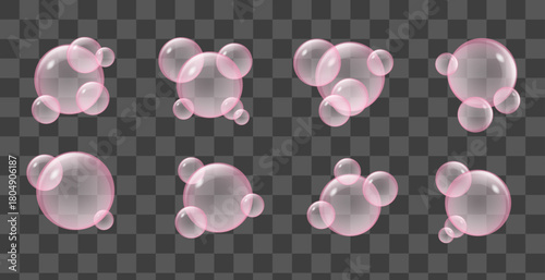 Translucent pink soap or collagen bubbles. Skincare cosmetics. Soft pink highlights. Playful bubble gum spheres 3D realistic vector set.