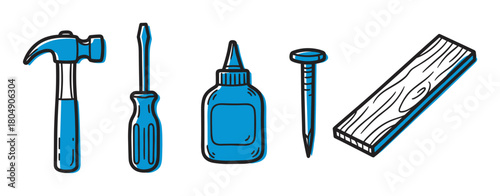 A collection of hand-drawn carpentry tools including a hammer, screwdriver, glue, nail, and wood plank, illustrated in a simple blue and black doodle style for DIY projects
