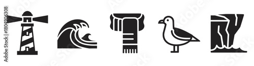 A collection of black glyph icons representing a coastal and maritime theme, including a lighthouse, ocean wave, winter scarf, seagull, and seaside cliff in a simple graphic style