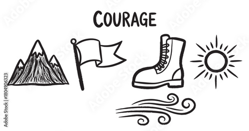 A hand-drawn set of motivational icons including a mountain, flag, boot, sun, and wind, illustrating the concept of courage and adventure in a simple black sketch style