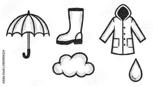 A collection of hand-drawn rainy day essentials including an umbrella, raincoat, boot, cloud, and raindrop in a sketchy black and white ink illustration style