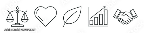 A set of minimalist line icons representing corporate social responsibility and ESG principles, including scales, a heart, a leaf, a growth chart, and a handshake symbol