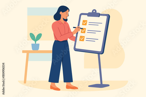 Woman checking items on a large clipboard checklist