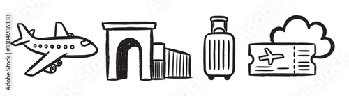 A set of hand-drawn travel icons including an airplane, a famous landmark, a rolling suitcase, and a boarding pass, illustrated in a simple black and white doodle style