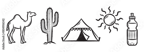 A collection of hand-drawn icons featuring a camel, cactus, tent, sun, and water bottle, representing desert travel, adventure, and camping in a simple sketch illustration style