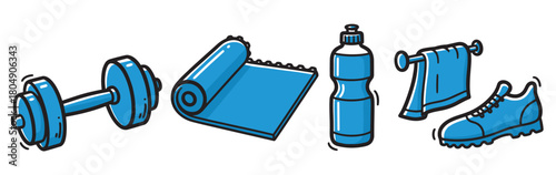 A collection of blue fitness equipment including a dumbbell, yoga mat, water bottle, towel, and sneaker, illustrated in a fun, hand-drawn cartoon doodle style