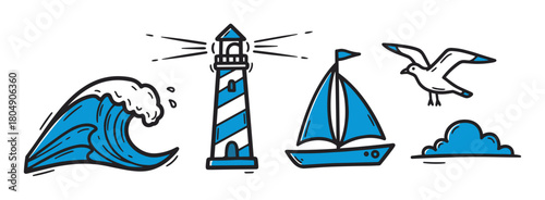 A collection of hand-drawn nautical icons including a lighthouse, sailboat, ocean wave, seagull, and cloud, illustrated in a simple blue and black doodle style for maritime themes