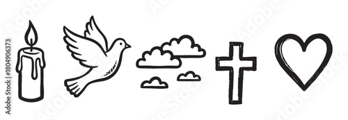 A set of hand-drawn Christian religious symbols including a candle, dove, clouds, cross, and heart, illustrated in a simple black and white doodle style for faith concepts