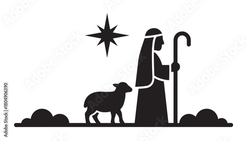 A black silhouette icon of a shepherd with a lamb and a guiding star, representing a classic biblical nativity scene for the Christmas holiday season