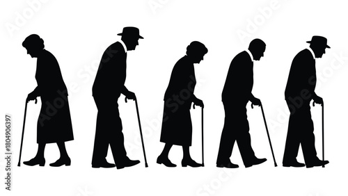 Silhouettes of elderly people walking with canes isolated on white background, Vector