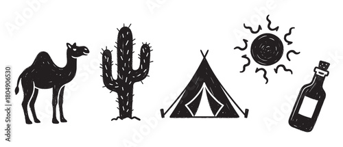 A collection of monochrome desert adventure symbols featuring a dromedary camel, saguaro cactus, campsite tent, sun, and bottle, created with a textured, hand-drawn effect