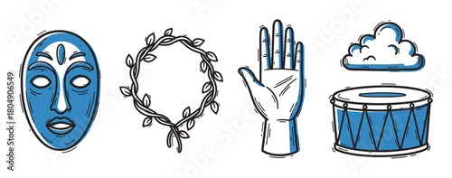 A collection of hand-drawn doodle icons including a tribal mask, leaf wreath, open hand, cloud, and drum, rendered in a simple blue and black sketch art style