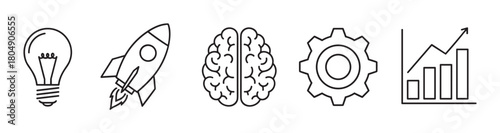 A minimalist icon collection featuring a lightbulb for ideas, a rocket for launch, a brain for thinking, a cog for process, and a bar graph for financial growth and development