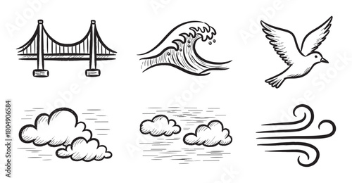 A set of nature and travel themed illustrations including a suspension bridge, sea wave, bird, sky clouds, and wind gust, all rendered in a black and white hand-drawn sketch style