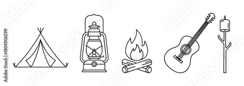 A set of minimalist black line art icons depicting camping essentials, including a tent, vintage lantern, campfire, acoustic guitar, and a marshmallow roasting on a stick