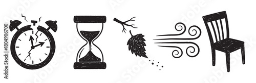 Monochrome doodle set depicting concepts of time, change, and absence, featuring a cracked clock, sandglass, autumn leaf, blowing wind, and a vacant wooden chair