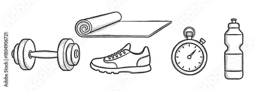 A set of hand-drawn fitness icons including a dumbbell, yoga mat, sneaker, stopwatch, and water bottle, illustrated in a black and white sketch style for a healthy lifestyle concept