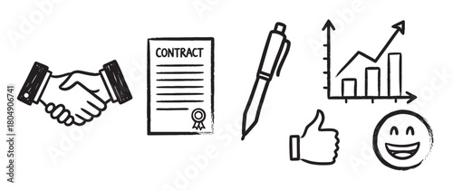 A collection of hand-drawn business icons in a sketchy doodle style, featuring a handshake, contract, pen, growth chart, thumbs up, and a happy smiley face