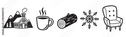 A charming set of hand-drawn black and white icons featuring a mountain cabin, steaming mug, log, snowflake, and armchair, evoking a cozy winter feeling