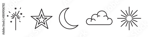 A set of five simple linear icons depicting a sparkler, a double star, a crescent moon, a fluffy cloud, and a sparkle, drawn in a clean and minimal graphic style