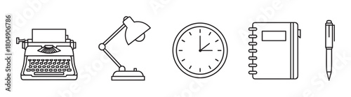 Minimalist outline illustration of classic office and writing supplies, including a typewriter, lamp, clock, spiral notebook, and a simple pen, arranged horizontally