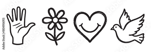A set of four hand-drawn icons including an open hand, a simple flower, a smiling heart, and a dove, representing peace, love, and kindness in a rough sketch style