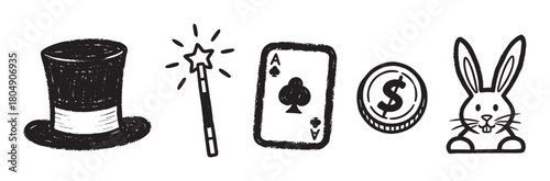 Charming hand-sketched icons for magic shows and entertainment, with a top hat, star wand, ace playing card, money coin, and a cute rabbit in a textured black doodle style