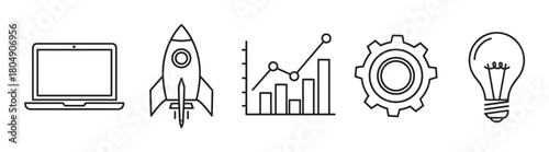 A set of business startup icons in a minimal black line art style, featuring a laptop, rocket, growth chart, gear, and lightbulb representing innovation and development