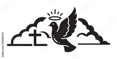 A black silhouette icon of a holy dove with a halo flying in the clouds near a Christian cross, symbolizing faith, peace, and the Holy Spirit in a minimalist graphic style