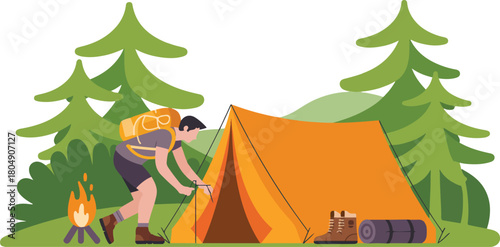 Camper Installing Tent in Forest with Camping Equipment in Nature Setting Vector Illustration with Transparent Background