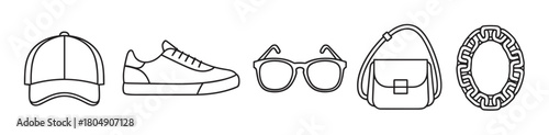 A set of minimalist black line art icons showing a baseball cap, sneaker, sunglasses, shoulder bag, and a thick chain, representing modern urban fashion and personal accessories